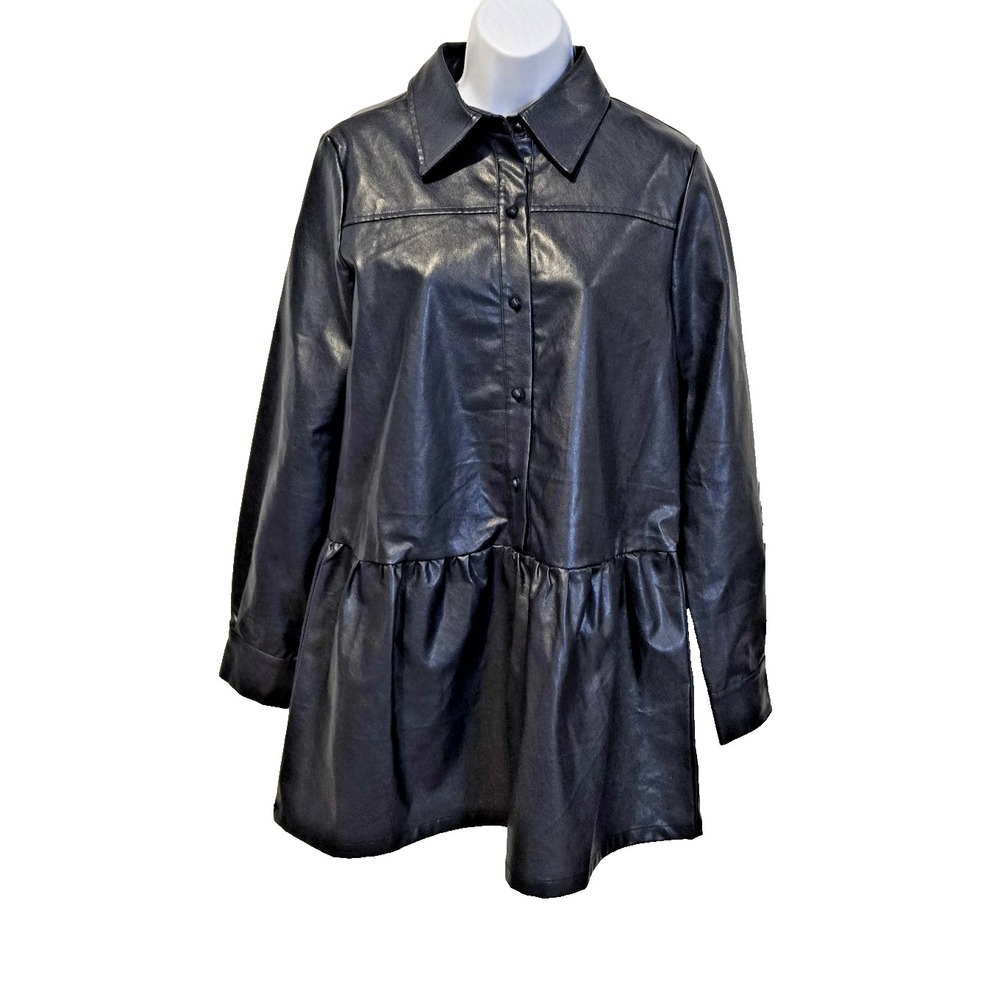 Aureumโ Women's Dress Vegan Leather Short Mini Navy Blue Button Front Size Small